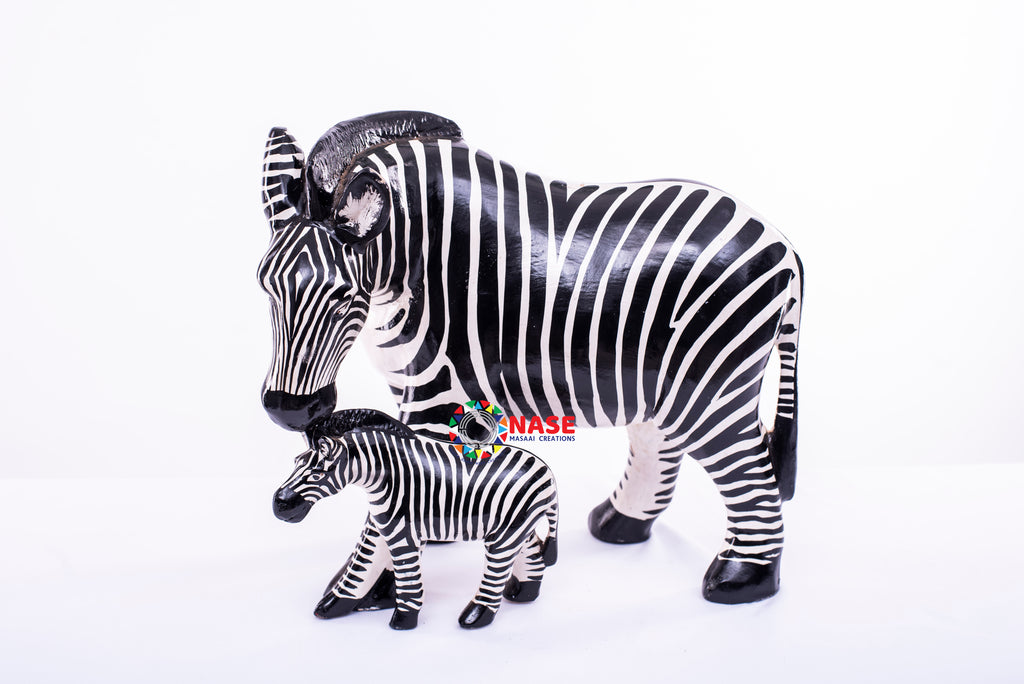 MOTHER ZEBRA AND FOAL WOODEN CARVED AND GOUGED FIGURINE