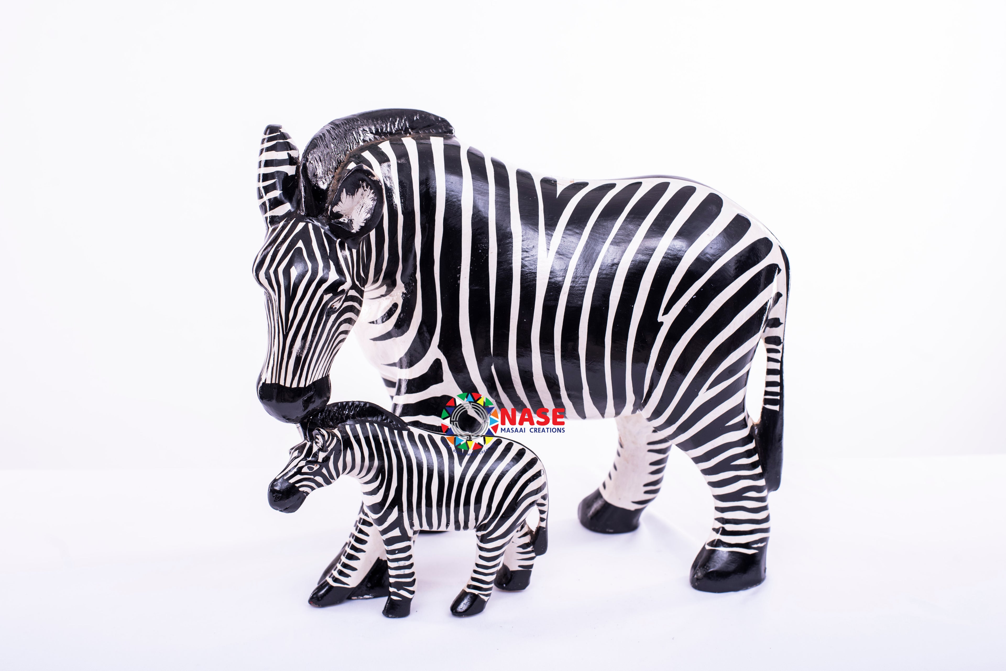 MOTHER ZEBRA AND FOAL WOODEN CARVED AND GOUGED FIGURINE