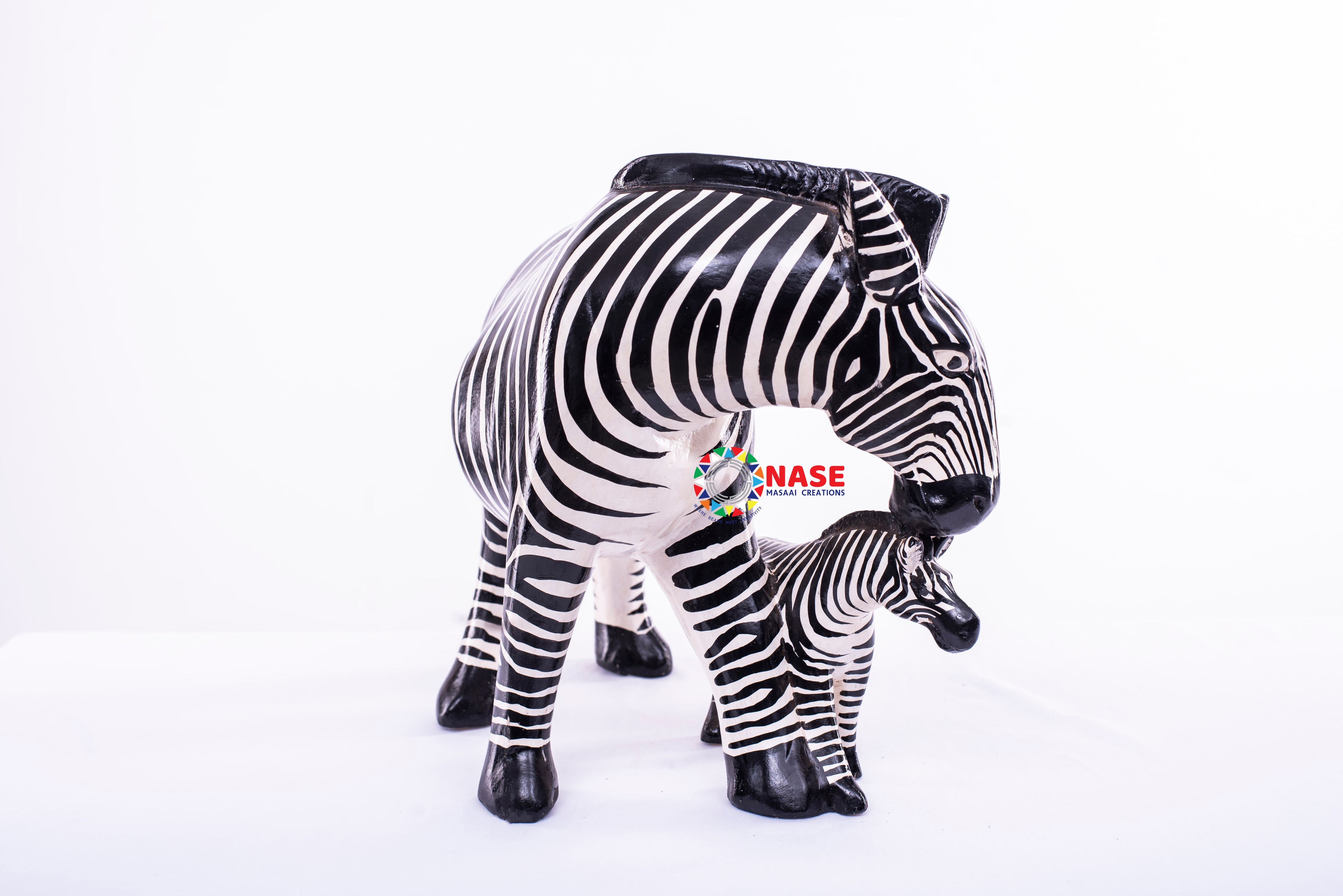 MOTHER ZEBRA AND FOAL WOODEN CARVED AND GOUGED FIGURINE