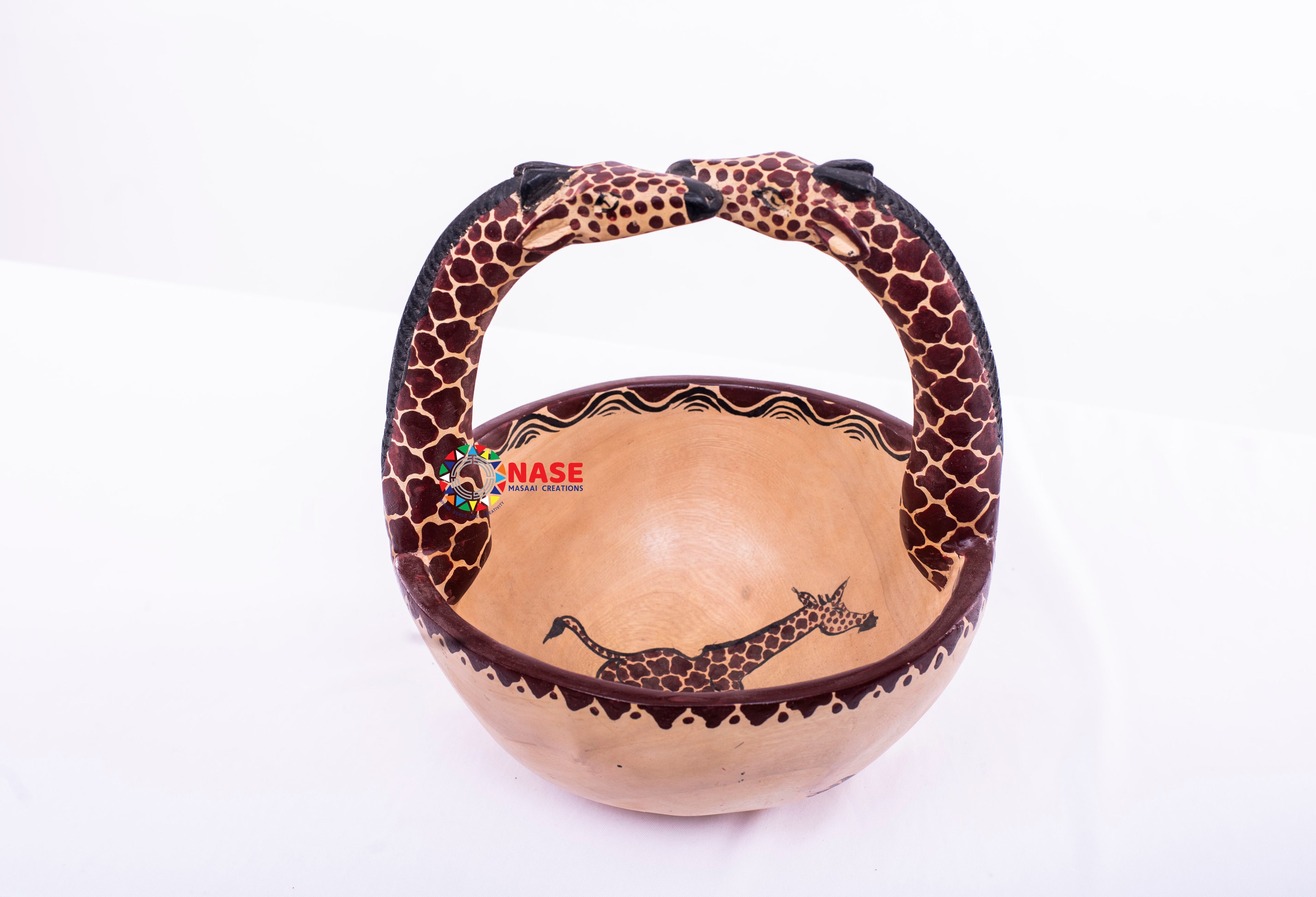 WOODEN HAND CARVED KISSING GIRAFFE BOWL
