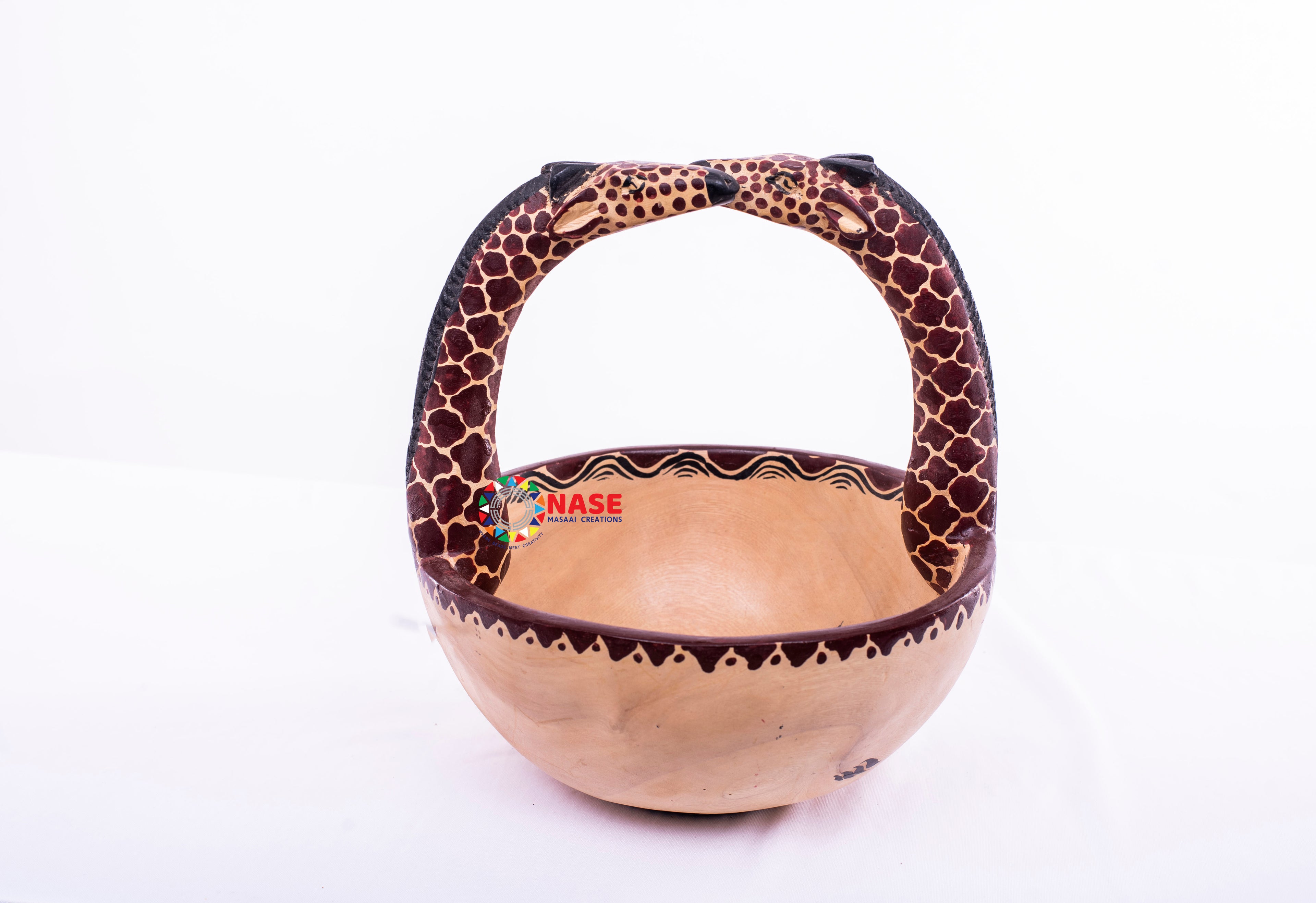 WOODEN HAND CARVED KISSING GIRAFFE BOWL