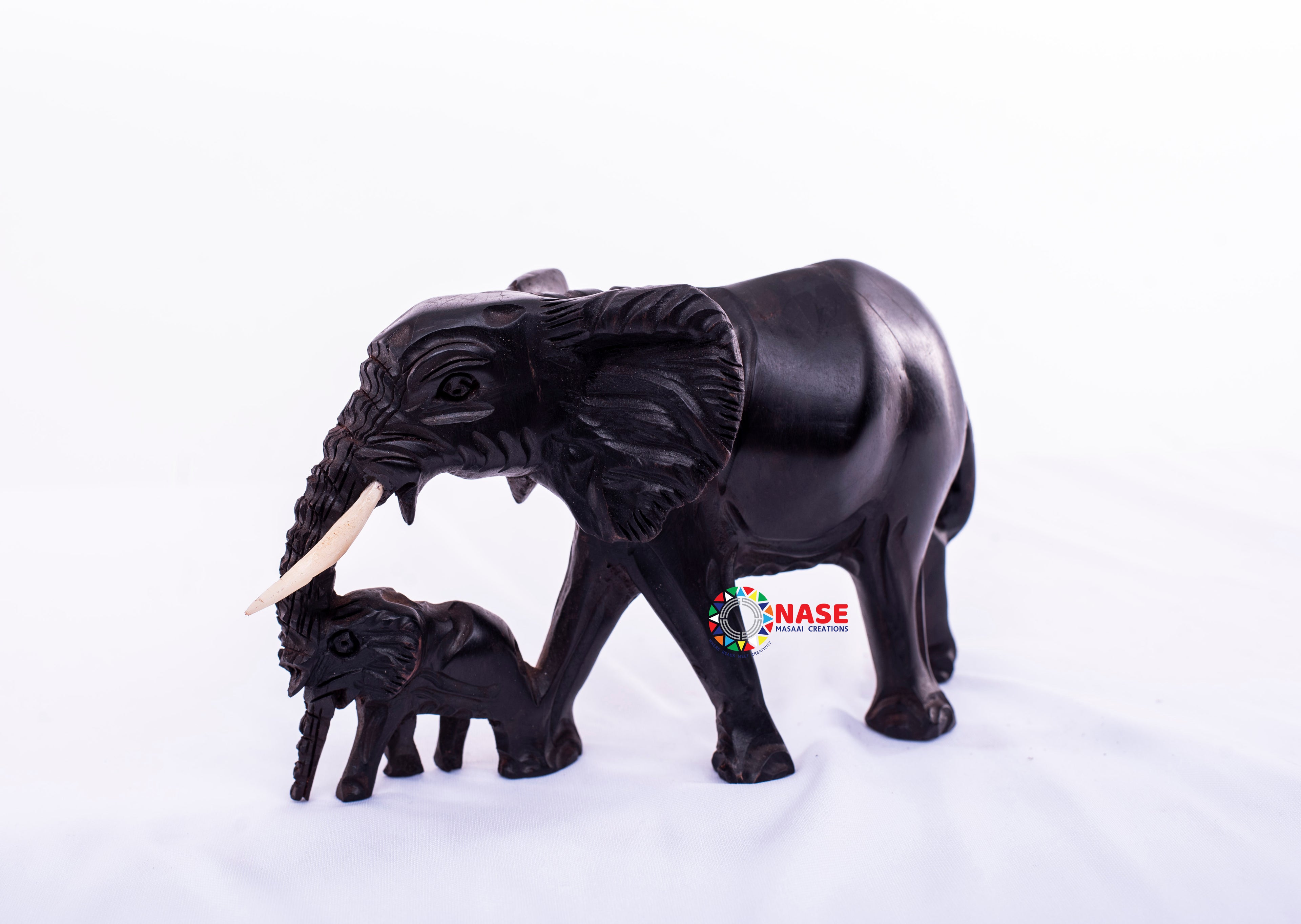 HAND MADE WOODEN ELEPHANT FIGURINE WITH A CALF