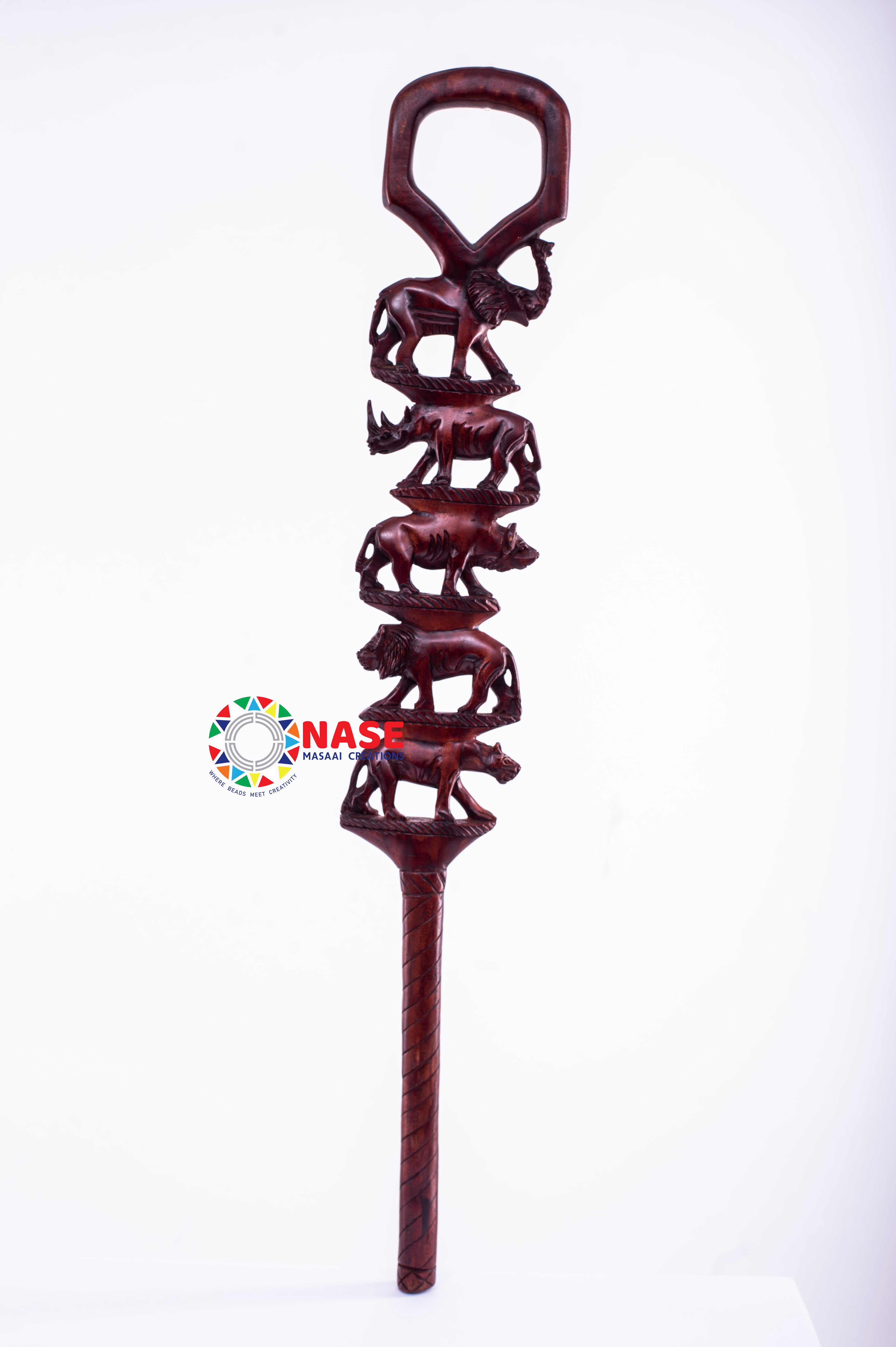 BOKORA/WALKING STICK WITH 5 CARVED ANIMALS